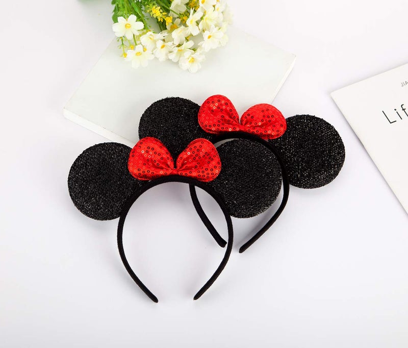 FANYITY Mouse Ears Headbands Sequin Hair Band for Girls Women Boys Party, 2 Pieces (RED) - Image 4